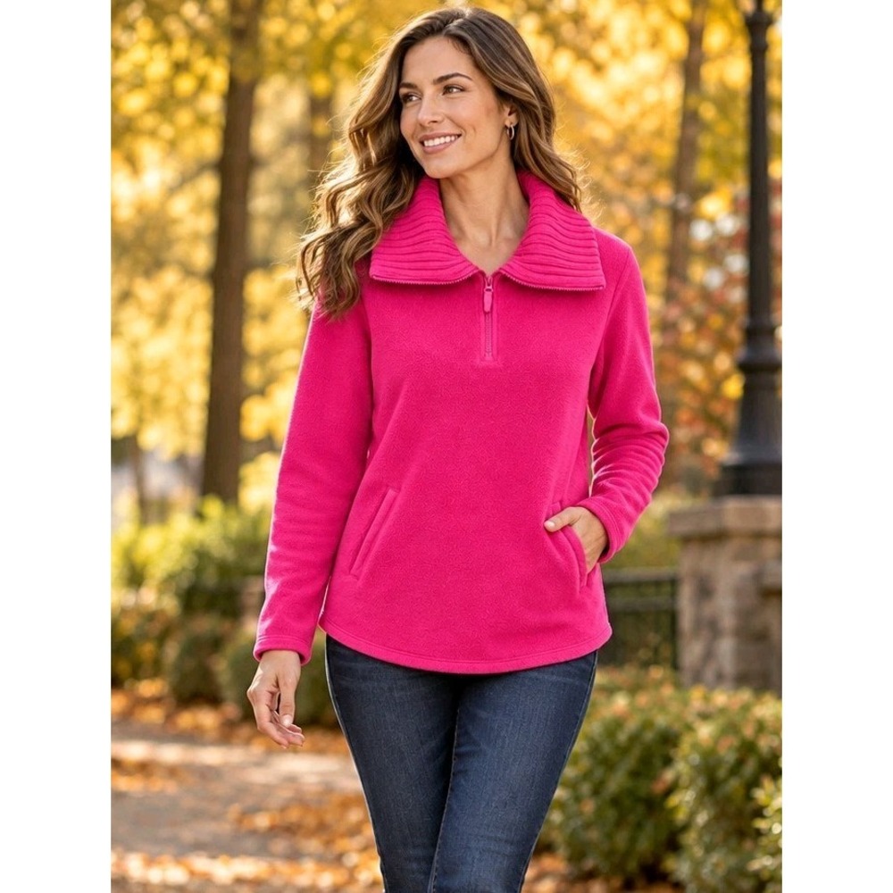 Nicole Miller Fuchsia Fleece Pullover Size Large 1/4 Zip Pocket Warm Cozy Layer